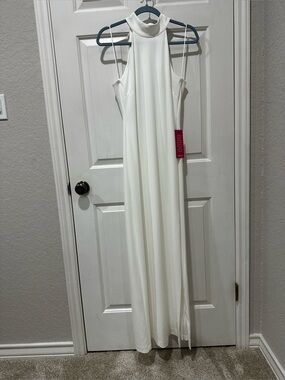 Badgley Mischka White High-Neck Column Formal Side Slit Gown NWT